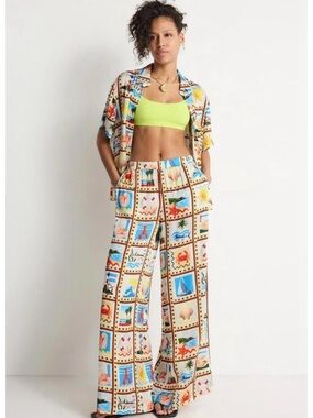 WeWoreWhat Wide-Leg Tile Print Pants with Neon Lime Accent